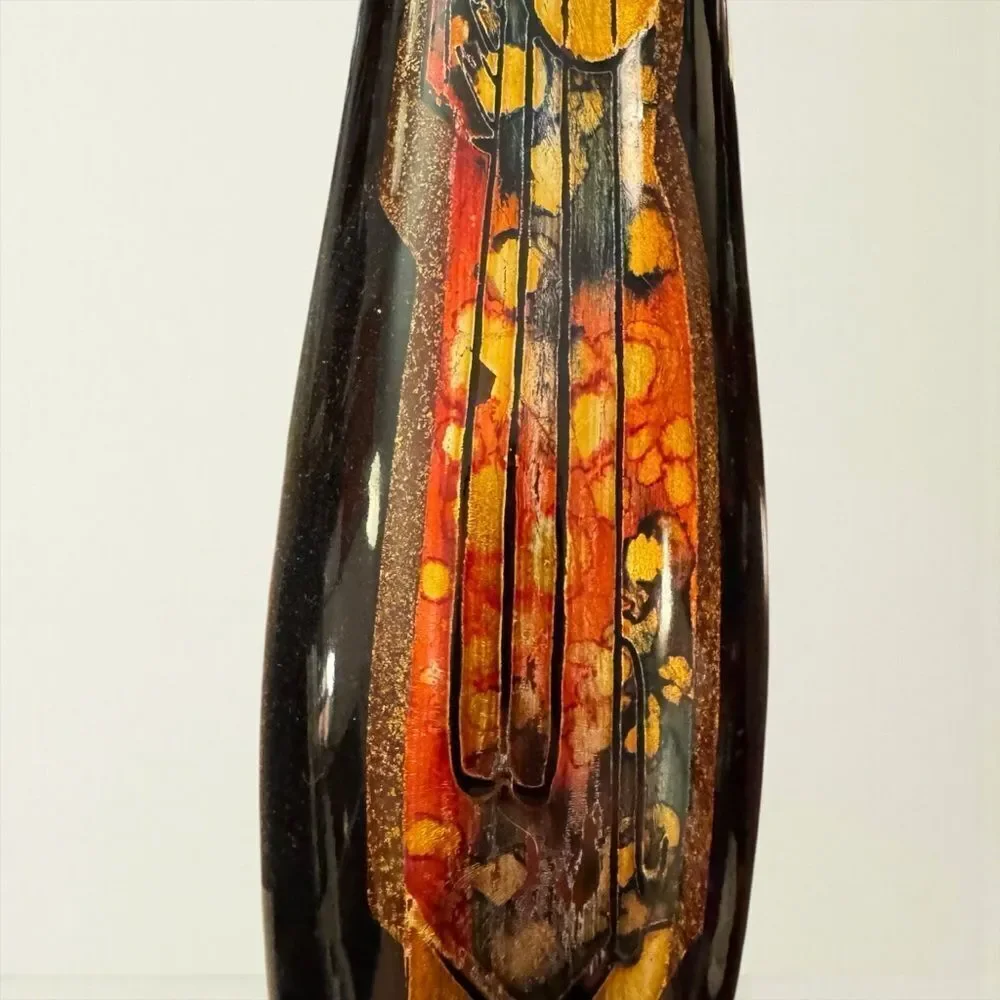 Vintage Japanese Gilded Gold Black Lacquer Tall Vase